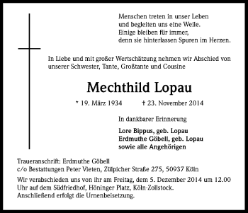 Anzeige von Mechthild Lopau von Kölner Stadt-Anzeiger / Kölnische Rundschau / Express