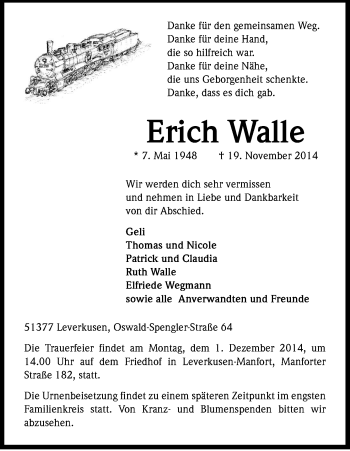 Anzeige von Erich Walle von Kölner Stadt-Anzeiger / Kölnische Rundschau / Express