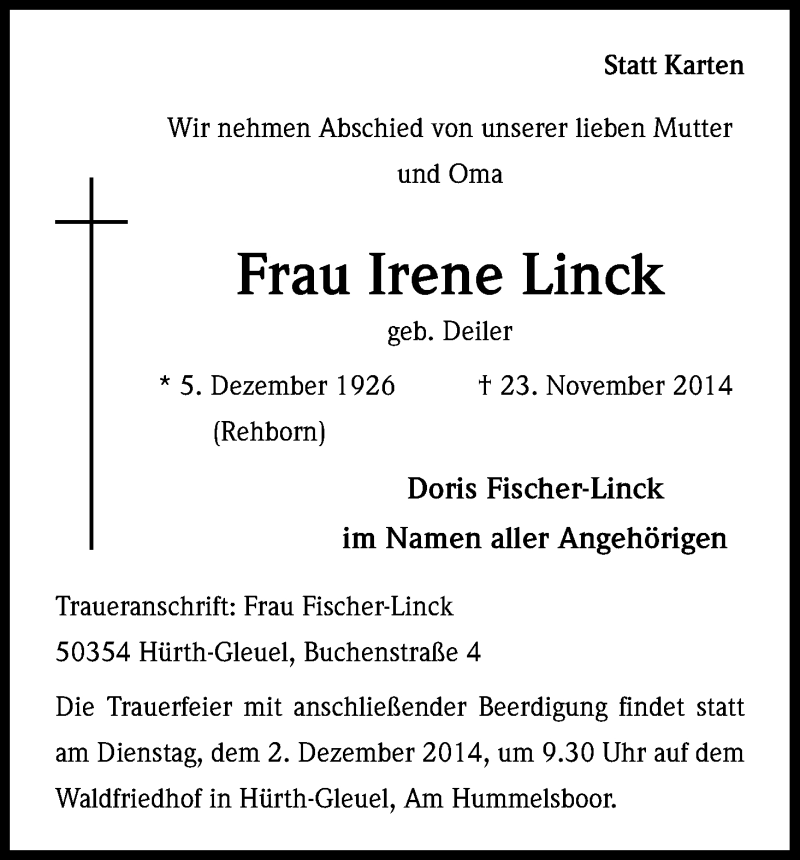  Traueranzeige für Irene Linck vom 29.11.2014 aus Kölner Stadt-Anzeiger / Kölnische Rundschau / Express
