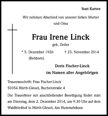 Anzeige von Irene Linck von Kölner Stadt-Anzeiger / Kölnische Rundschau / Express