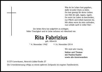 Anzeige von Rita Fabrizius von Kölner Stadt-Anzeiger / Kölnische Rundschau / Express