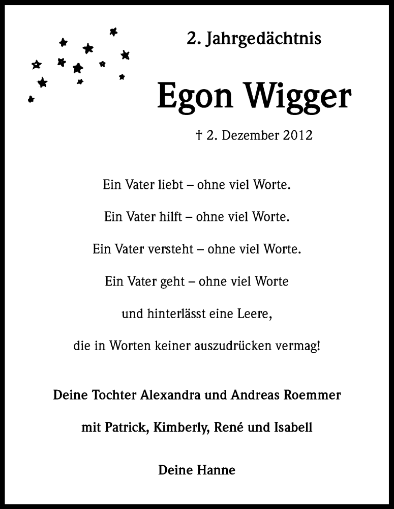 Traueranzeige für Egon Wigger vom 02.12.2014 aus Kölner Stadt-Anzeiger / Kölnische Rundschau / Express
