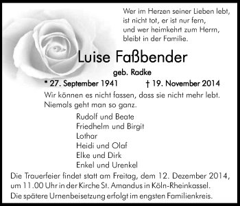 Anzeige von Luise Faßbender von Kölner Stadt-Anzeiger / Kölnische Rundschau / Express