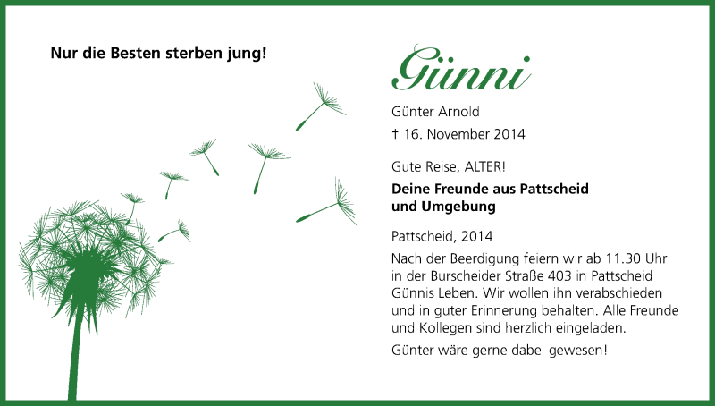  Traueranzeige für Günter Arnold vom 26.11.2014 aus Kölner Stadt-Anzeiger / Kölnische Rundschau / Express