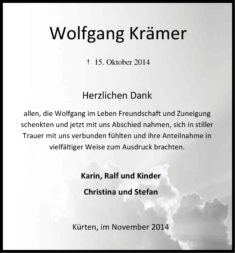  Traueranzeige für Wolfgang Krämer vom 29.11.2014 aus Kölner Stadt-Anzeiger / Kölnische Rundschau / Express