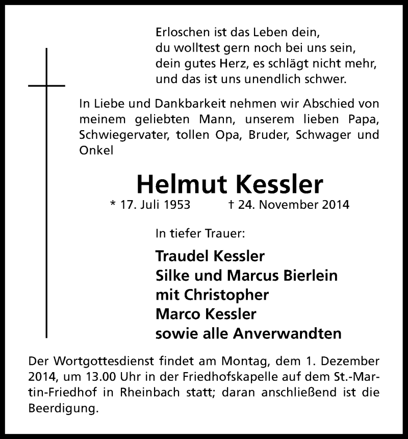  Traueranzeige für Helmut Kessler vom 26.11.2014 aus Kölner Stadt-Anzeiger / Kölnische Rundschau / Express