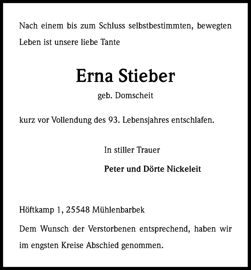  Traueranzeige für Erna Stieber vom 28.11.2014 aus Kölner Stadt-Anzeiger / Kölnische Rundschau / Express