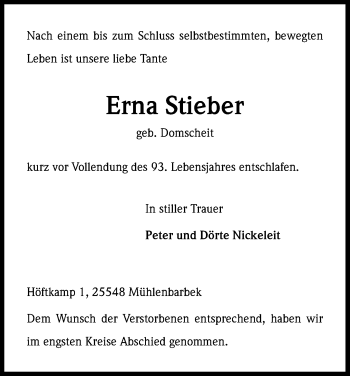 Anzeige von Erna Stieber von Kölner Stadt-Anzeiger / Kölnische Rundschau / Express