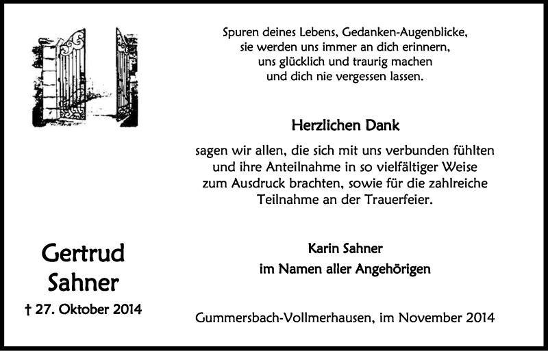  Traueranzeige für Gertrud Sahner vom 29.11.2014 aus Kölner Stadt-Anzeiger / Kölnische Rundschau / Express