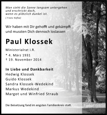 Anzeige von Paul Klossek von Kölner Stadt-Anzeiger / Kölnische Rundschau / Express