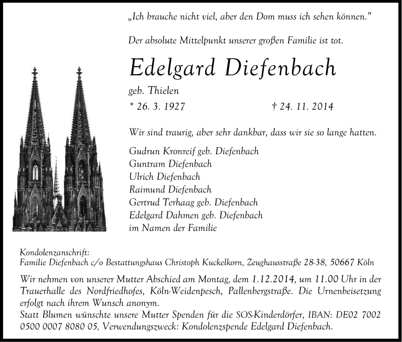  Traueranzeige für Edelgard Diefenbach vom 29.11.2014 aus Kölner Stadt-Anzeiger / Kölnische Rundschau / Express