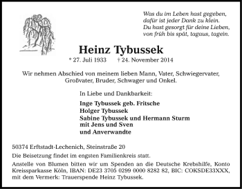 Anzeige von Heinz Tybussek von Kölner Stadt-Anzeiger / Kölnische Rundschau / Express