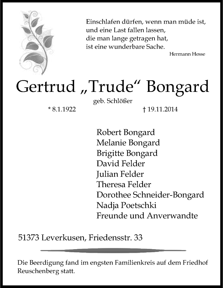  Traueranzeige für Gertrud Bongard vom 29.11.2014 aus Kölner Stadt-Anzeiger / Kölnische Rundschau / Express