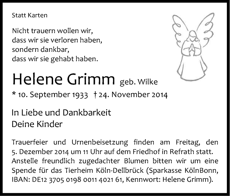  Traueranzeige für Helene Grimm vom 29.11.2014 aus Kölner Stadt-Anzeiger / Kölnische Rundschau / Express