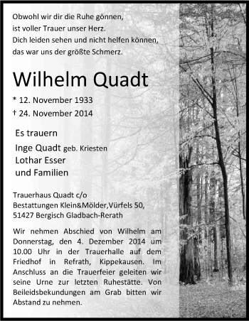 Anzeige von Wilhelm Quadt von Kölner Stadt-Anzeiger / Kölnische Rundschau / Express