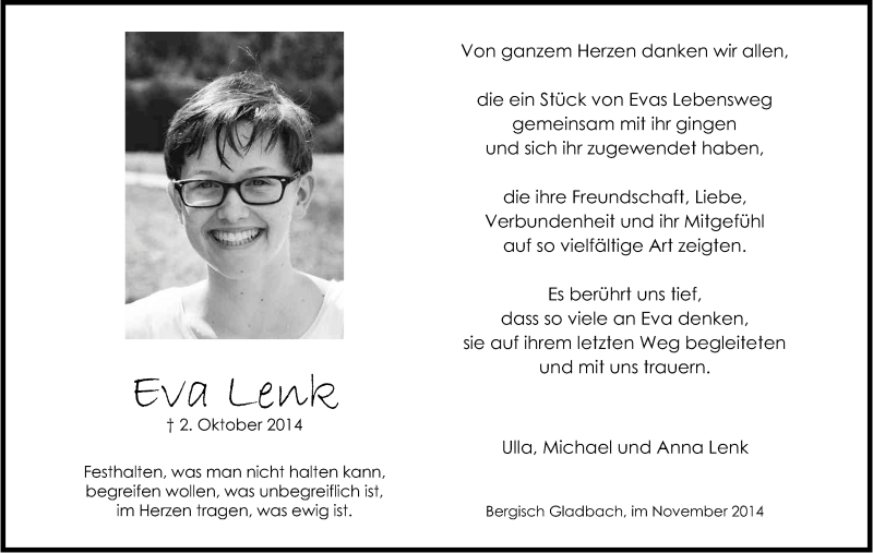  Traueranzeige für Eva Lenk vom 29.11.2014 aus Kölner Stadt-Anzeiger / Kölnische Rundschau / Express
