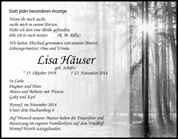 Anzeige von Lisa Häuser von Kölner Stadt-Anzeiger / Kölnische Rundschau / Express