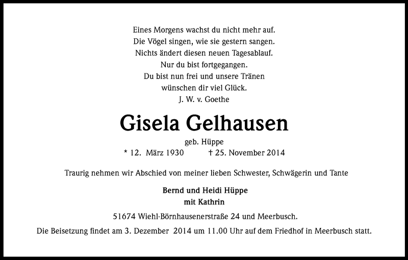  Traueranzeige für Gisela Gelhausen vom 28.11.2014 aus Kölner Stadt-Anzeiger / Kölnische Rundschau / Express