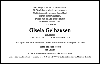 Anzeige von Gisela Gelhausen von Kölner Stadt-Anzeiger / Kölnische Rundschau / Express