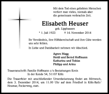 Anzeige von Elisabeth Heuser von Kölner Stadt-Anzeiger / Kölnische Rundschau / Express