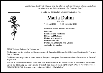 Anzeige von Maria Dahm von Kölner Stadt-Anzeiger / Kölnische Rundschau / Express