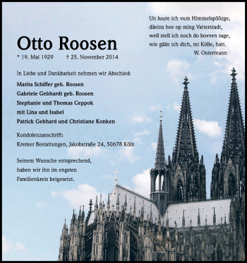 Anzeige von Otto Roosen von Kölner Stadt-Anzeiger / Kölnische Rundschau / Express