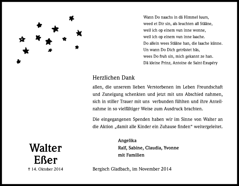  Traueranzeige für Walter Eßer vom 29.11.2014 aus Kölner Stadt-Anzeiger / Kölnische Rundschau / Express