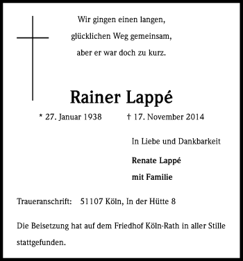 Anzeige von Rainer Lappé von Kölner Stadt-Anzeiger / Kölnische Rundschau / Express
