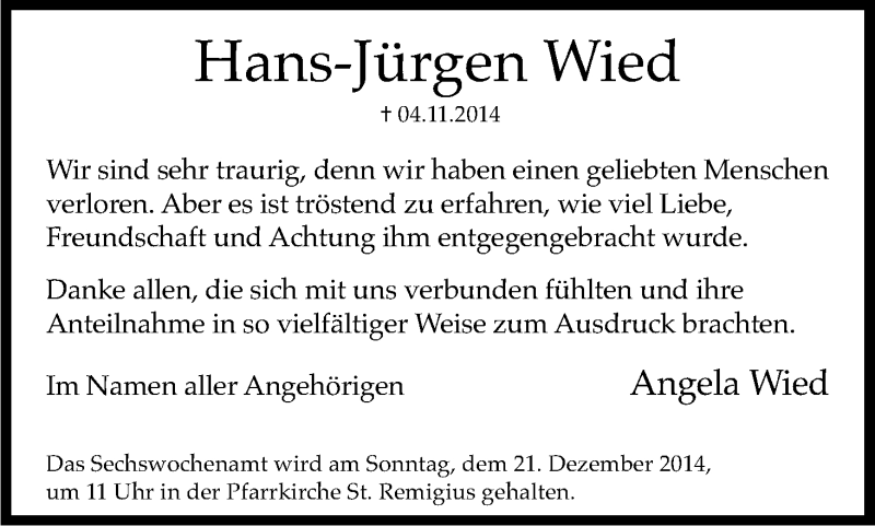  Traueranzeige für Hans-Jürgen Wied vom 29.11.2014 aus Kölner Stadt-Anzeiger / Kölnische Rundschau / Express