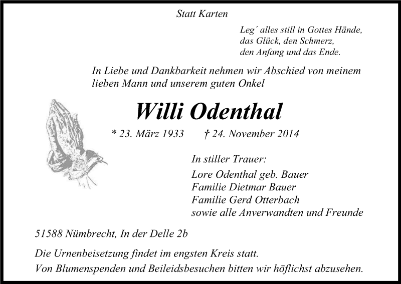  Traueranzeige für Willi Odenthal vom 29.11.2014 aus Kölner Stadt-Anzeiger / Kölnische Rundschau / Express