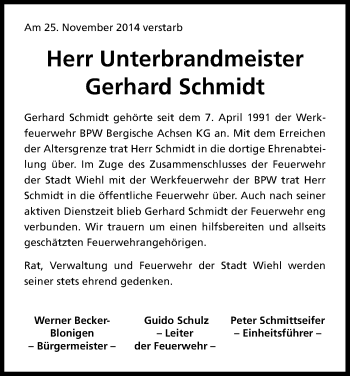 Anzeige von Gerhard Schmidt von Kölner Stadt-Anzeiger / Kölnische Rundschau / Express