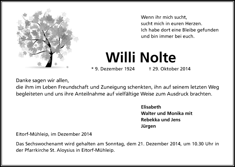  Traueranzeige für Willi Nolte vom 13.12.2014 aus Kölner Stadt-Anzeiger / Kölnische Rundschau / Express