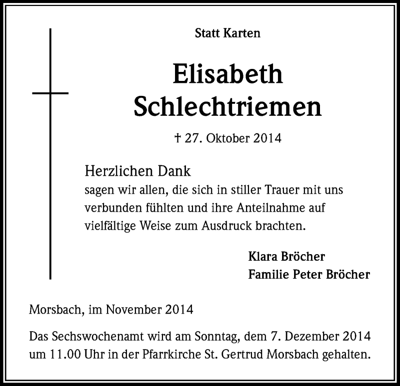  Traueranzeige für Elisabeth Schlechtriemen vom 29.11.2014 aus Kölner Stadt-Anzeiger / Kölnische Rundschau / Express