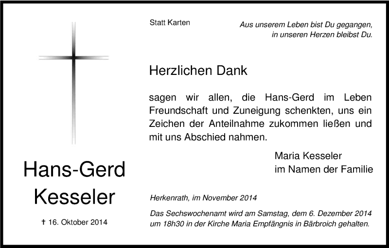  Traueranzeige für Hans-Gerd Kesseler vom 29.11.2014 aus Kölner Stadt-Anzeiger / Kölnische Rundschau / Express