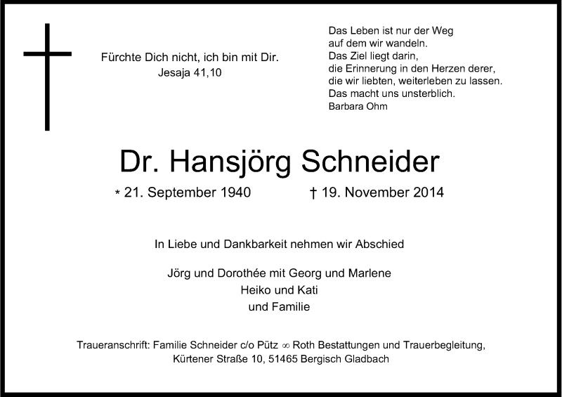  Traueranzeige für Hansjörg Schneider vom 29.11.2014 aus Kölner Stadt-Anzeiger / Kölnische Rundschau / Express