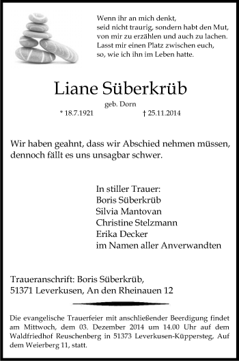 Anzeige von Liane Süberkrüb von Kölner Stadt-Anzeiger / Kölnische Rundschau / Express