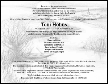 Anzeige von Toni Hohns von Kölner Stadt-Anzeiger / Kölnische Rundschau / Express