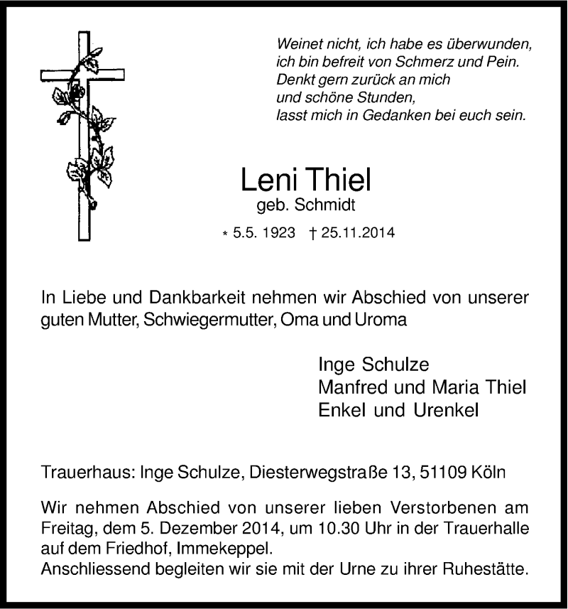  Traueranzeige für Leni Thiel vom 29.11.2014 aus Kölner Stadt-Anzeiger / Kölnische Rundschau / Express