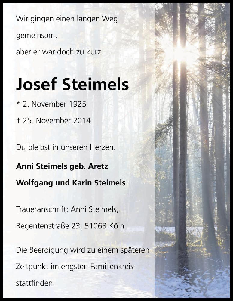  Traueranzeige für Josef Steimels vom 29.11.2014 aus Kölner Stadt-Anzeiger / Kölnische Rundschau / Express
