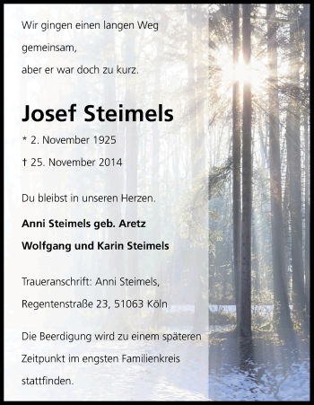 Anzeige von Josef Steimels von Kölner Stadt-Anzeiger / Kölnische Rundschau / Express