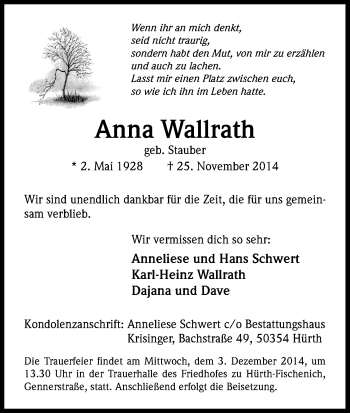 Anzeige von Anna Wallrath von Kölner Stadt-Anzeiger / Kölnische Rundschau / Express