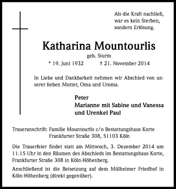 Anzeige von Katharina Mountourlis von Kölner Stadt-Anzeiger / Kölnische Rundschau / Express