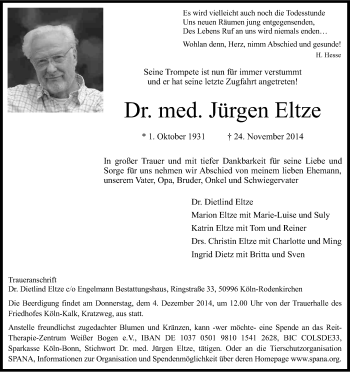 Anzeige von Jürgen Eltze von Kölner Stadt-Anzeiger / Kölnische Rundschau / Express