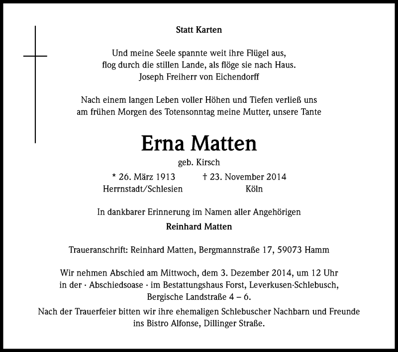  Traueranzeige für Erna Matten vom 29.11.2014 aus Kölner Stadt-Anzeiger / Kölnische Rundschau / Express