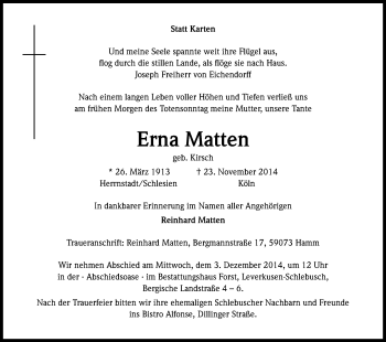 Anzeige von Erna Matten von Kölner Stadt-Anzeiger / Kölnische Rundschau / Express