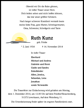 Anzeige von Ruth Kunz von Kölner Stadt-Anzeiger / Kölnische Rundschau / Express