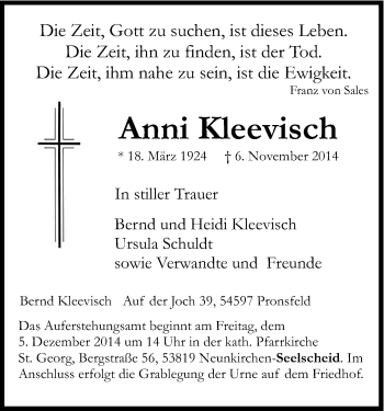 Anzeige von Anni Kleevisch von Kölner Stadt-Anzeiger / Kölnische Rundschau / Express