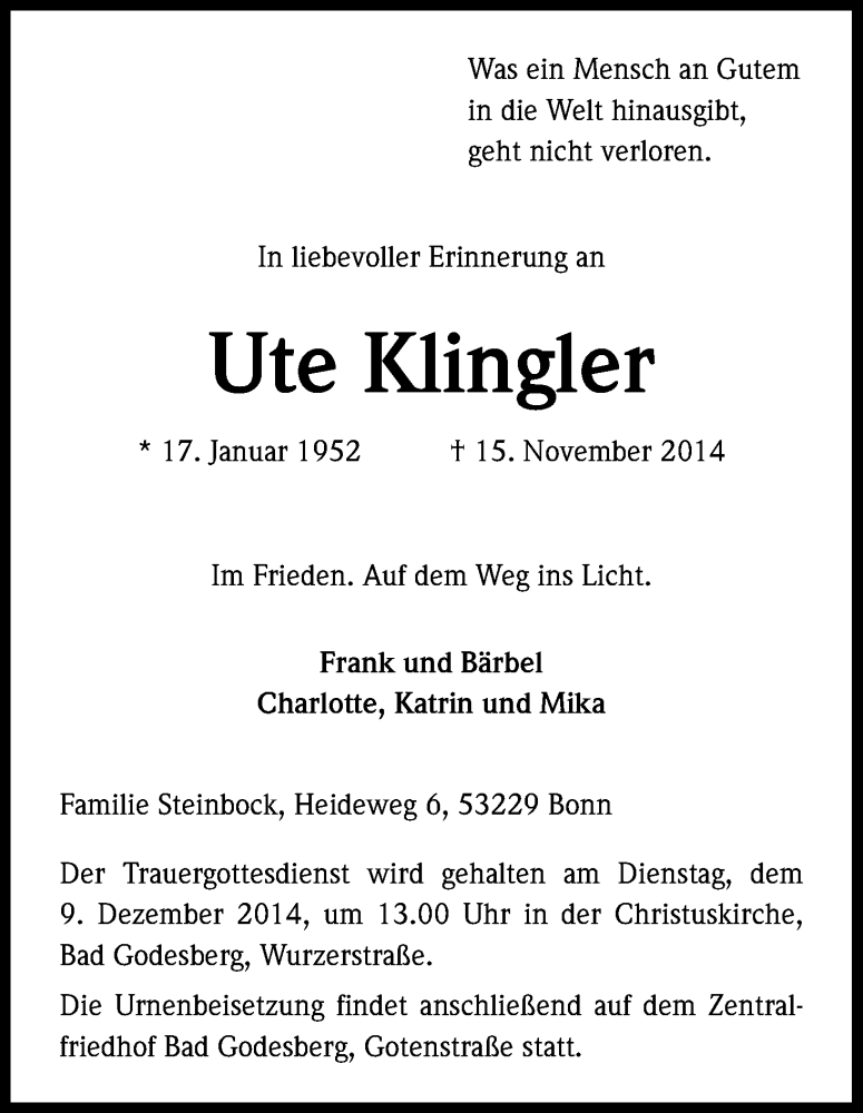  Traueranzeige für Ute Klingler vom 29.11.2014 aus Kölner Stadt-Anzeiger / Kölnische Rundschau / Express