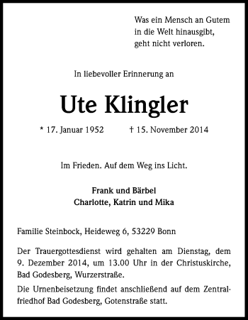 Anzeige von Ute Klingler von Kölner Stadt-Anzeiger / Kölnische Rundschau / Express