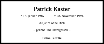 Anzeige von Patrick Kaster von Kölner Stadt-Anzeiger / Kölnische Rundschau / Express
